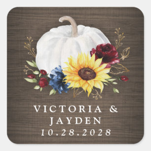 White Pumpkin Sunflower Roses Gold Fall Wedding Square Sticker