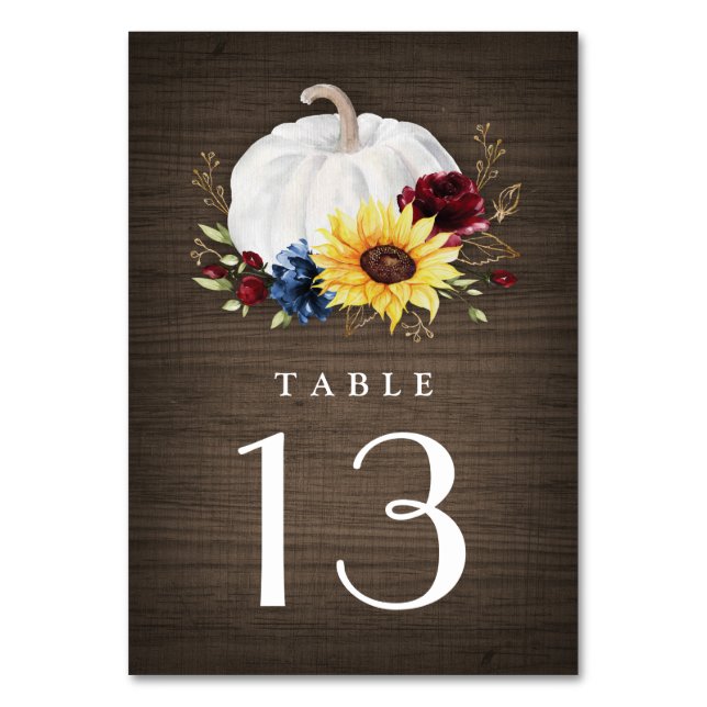 White Pumpkin Sunflower Roses Gold Fall Wedding Table Number (Front)