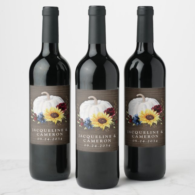 White Pumpkin Sunflower Roses Gold Fall Wedding Wine Label (Bottles)