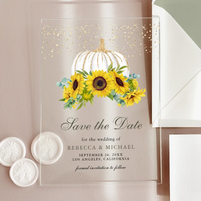 White Pumpkin Sunflowers Wedding Save the Date Acrylic Invitations (Creator Uploaded)