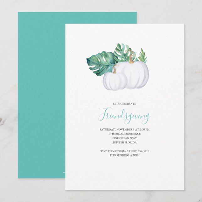 White Pumpkin Tropical Leaves Friendsgiving Invite (Front/Back)
