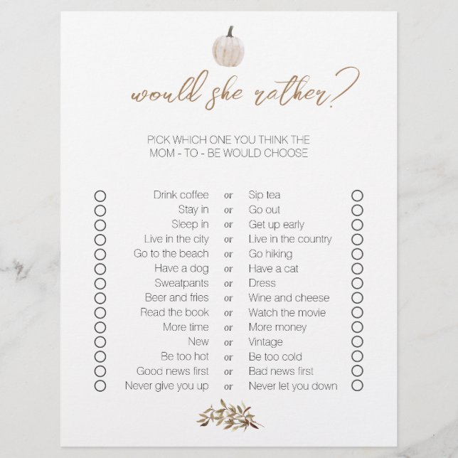 White Pumpkin Two-Sided Bingo Baby Shower Games (Front)