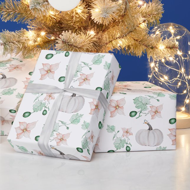 White Pumpkin Watercolor Art Pattern Wrapping Paper (Holidays)