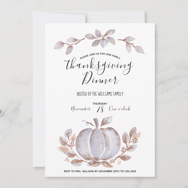 White Pumpkin Watercolor Thanksgiving Invitation (Front)