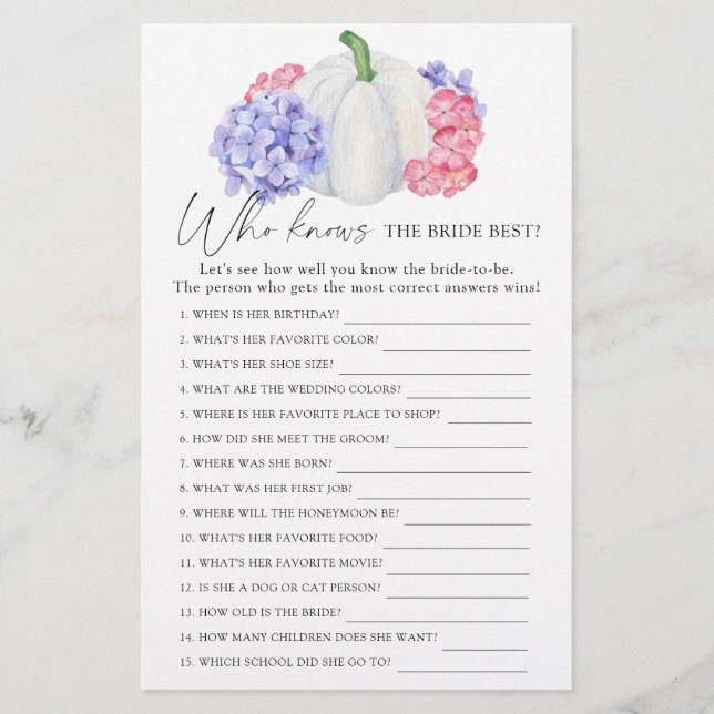 White pumpkin - Who knows the bride best game (Front)