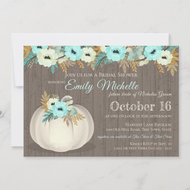 White Pumpkin with Turquoise Floral Bridal Shower Invitation (Front)