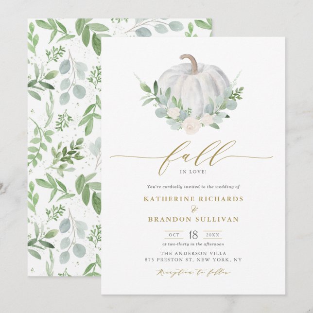 White Pumpkin Wreath Greenery Fall Wedding Invitation (Front/Back)
