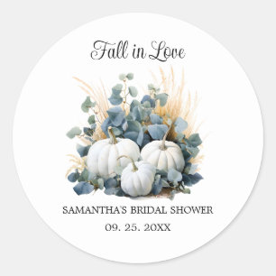 White pumpkins and eucalyptus bridal shower classic round sticker