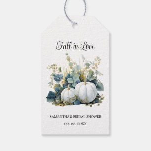 White pumpkins and eucalyptus bridal shower gift tags