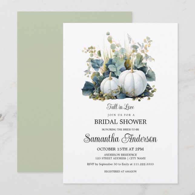 White pumpkins and eucalyptus greens Bridal Shower Invitation (Front/Back)