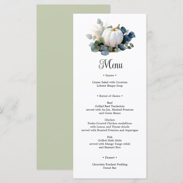 White pumpkins and eucalyptus greens Bridal Shower Menu (Front/Back)