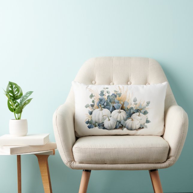 White pumpkins and eucalyptus greens lumbar cushion (Chair)