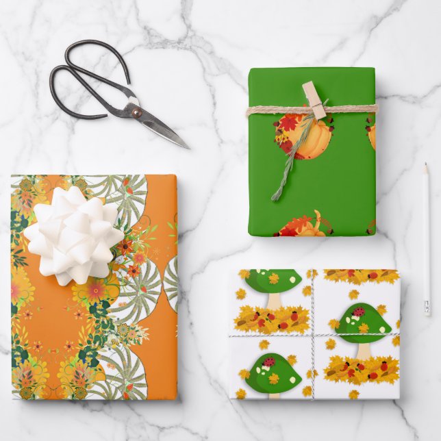 White Pumpkins Fall Colours Toadstool Floral Green Wrapping Paper Sheet (Front)