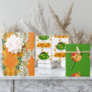 White Pumpkins Fall Colours Toadstool Floral Green Wrapping Paper Sheet