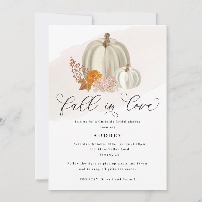 White Pumpkins Fall Flowers Curbside Bridal Shower Invitation (Front)