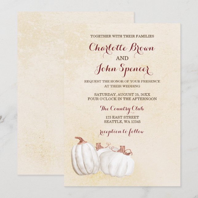 white pumpkins fall harvest wedding invites (Front/Back)