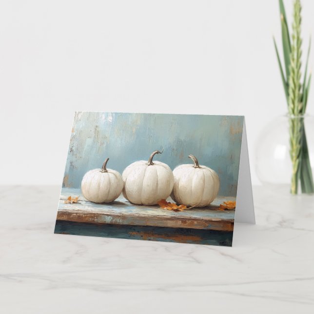 White Pumpkins on Vintage Blue Table Card (Front)