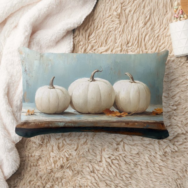 White Pumpkins on Vintage Blue Table Lumbar Cushion (Blanket)