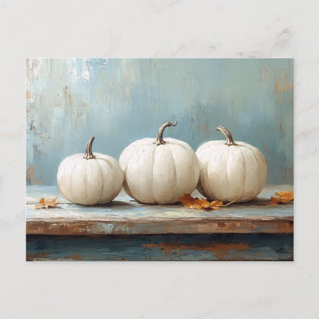 White Pumpkins on Vintage Blue Table Postcard (Front)