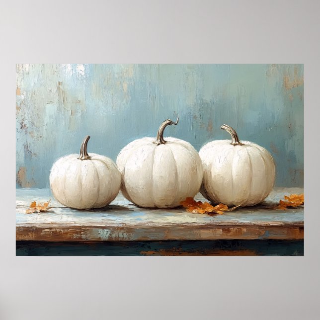 White Pumpkins on Vintage Blue Table Poster (Front)