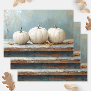 White Pumpkins on Vintage Blue Table Wrapping Paper Sheet