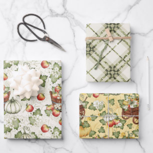 WHITE PUMPKINS & RED FALL AUTUMN APPLES WRAPPING PAPER SHEET