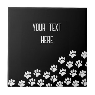 White Puppy Paw Prints Editable Text Black  Tile