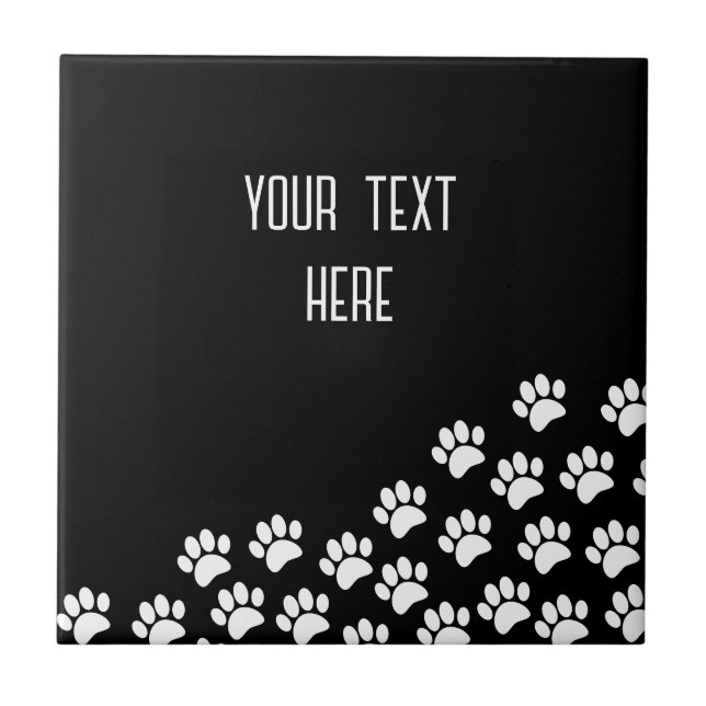 White Puppy Paw Prints Editable Text Black  Tile (Front)