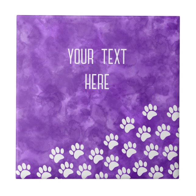 White Puppy Paw Prints Watercolor  Custom Text  Tile (Front)