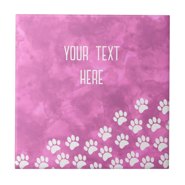 White Puppy Paw Prints Watercolor  Custom Text  Tile (Front)