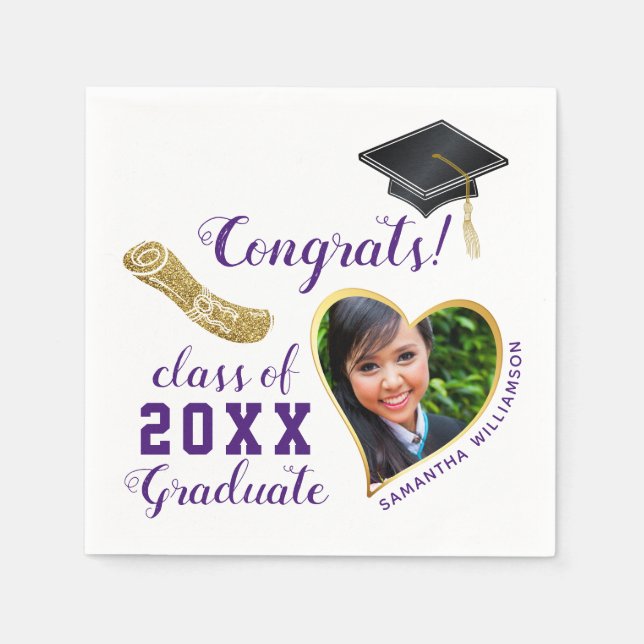 White Purple and Gold Class 2025 Photo Graduation Napkin (Front)