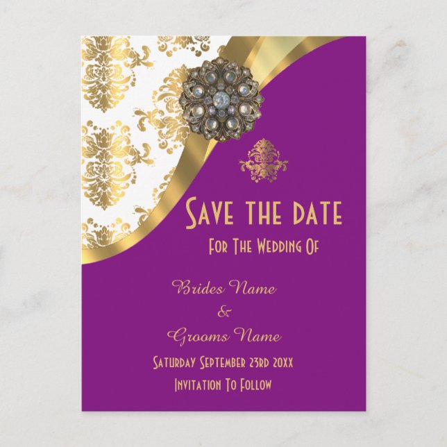 White, purple and gold damask save the date announcement postcard (Front)