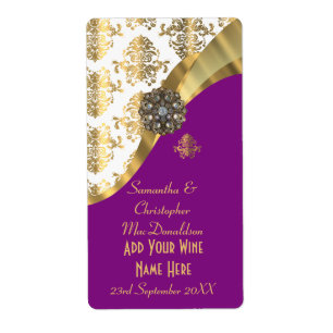 White, purple and gold damask wedding wine bottle