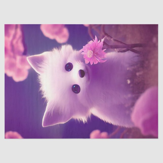 White Purple Baby Fox With Pink Flowers Decoupage Tissue Paper (Front)