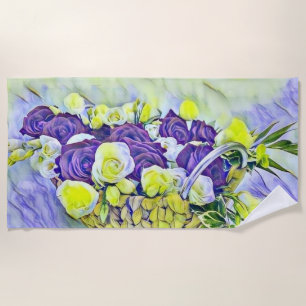 White Purple Basket of Roses Watercolor Painting Beach Towel