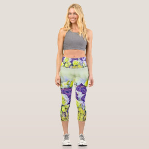 White Purple Basket of Roses Watercolor Painting Capri Leggings