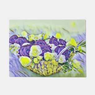 White Purple Basket of Roses Watercolor Painting Doormat
