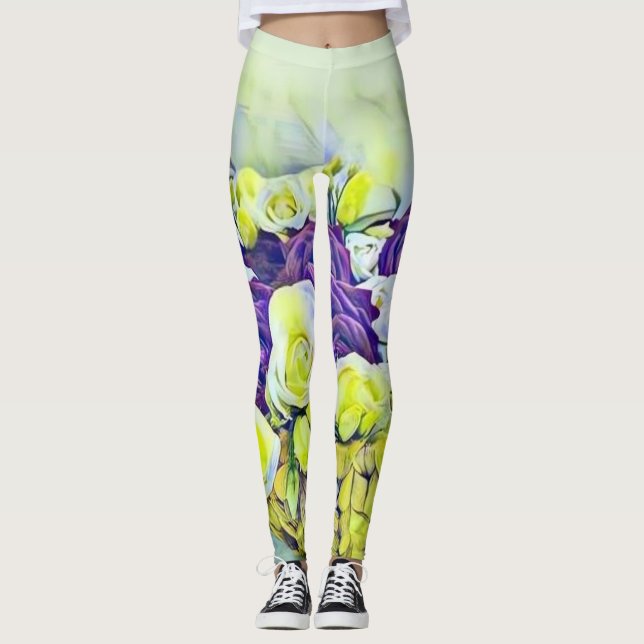White Purple Basket of Roses Watercolor Painting  Leggings (Front)