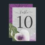 White Purple Calla Lily Wedding Table Number Cards<br><div class="desc">Create your white and purple calla lily wedding table number cards using a modern watercolor DIY template that is easy to use. The elegant design features a beautiful white and purple calla lily flower in the shape of a heart with a gold stamen. A graceful greenery leaf, calla lily bouquet...</div>