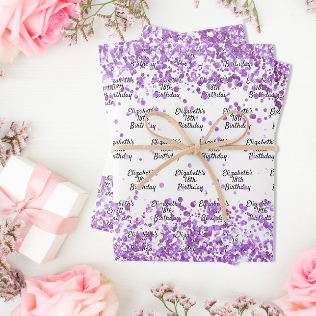White purple confetti birthday wrapping paper sheet (Creator Uploaded)