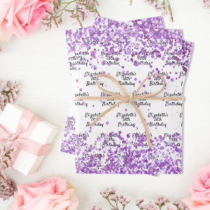 White purple confetti glitter birthday wrapping paper sheet