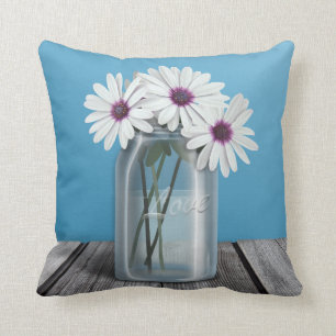 White & Purple Daisy Blue Mason Jar Pillow