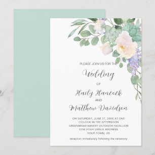 White Purple Floral Greenery Eucalyptus Succulents Invitation