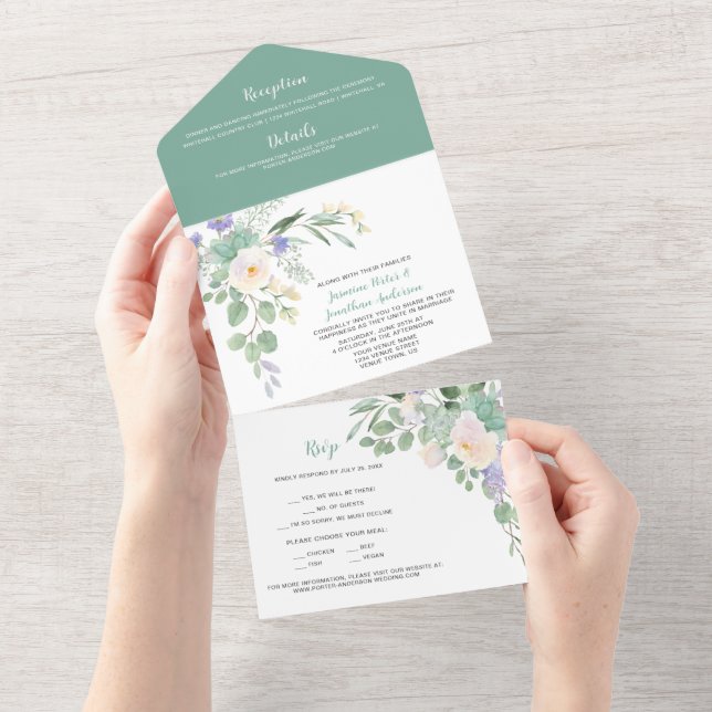White & Purple Floral, Succulents & Eucalyptus All In One Invitation (Tearaway)