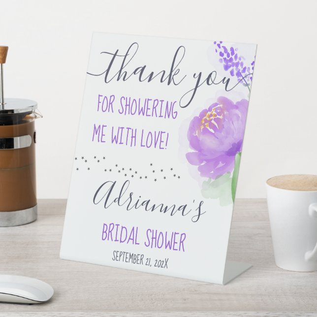 White/Purple Floral Thank You Bridal Shower Pedestal Sign (In SItu)