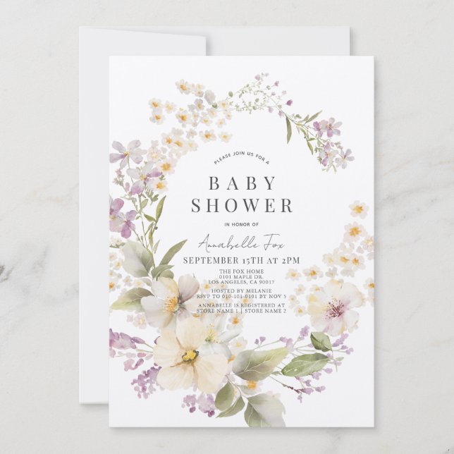 White & Purple Floral Watercolor Baby Shower Invitation (Front)
