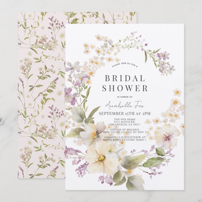 White & Purple Floral Watercolor Bridal Shower Invitation (Front/Back)