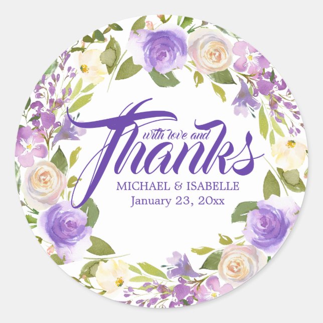 White Purple Floral Wedding Thank You Classic Round Sticker (Front)