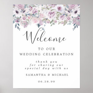 White Purple Floral Welcome to Our Wedding Sign