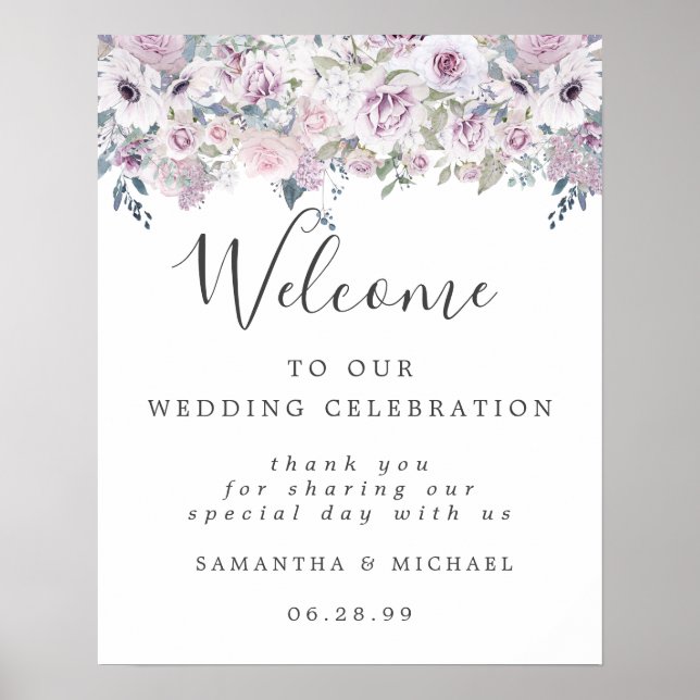 White Purple Floral Welcome to Our Wedding Sign (Front)